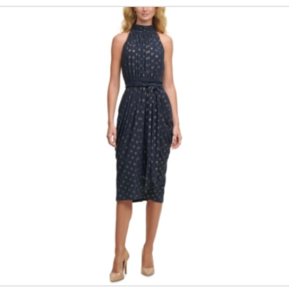 Tommy Hilfiger Glitter-Dot Mock-Neck Dress - Sky Captain/ Gold